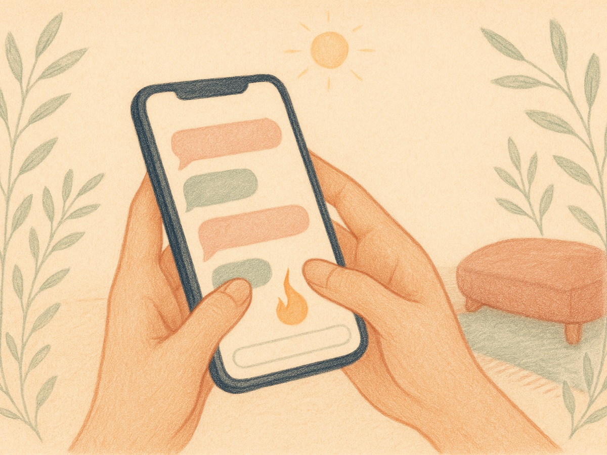 Illustration of hands holding a phone showing a warm chat thread with a streak flame